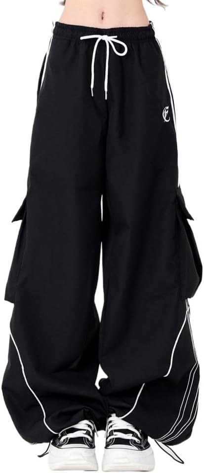 Street Dance Black Drawstring Loose Casual Work Pocket Sports Pants for Women Spring Hiphop Floor