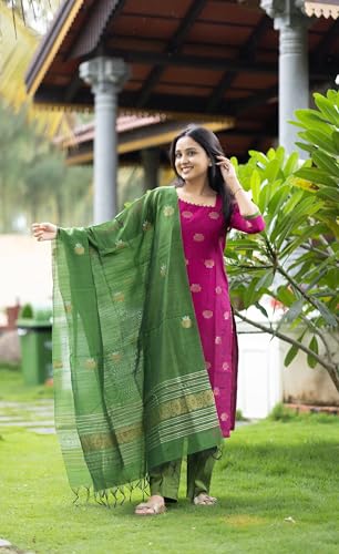 Image of Women's Cotton Silk Kurta Set with Dupatta | Embroidered Straight Kurti with Matching Pants | Traditional Ethnic Wear Suit for Festive, Casual & Office Wear