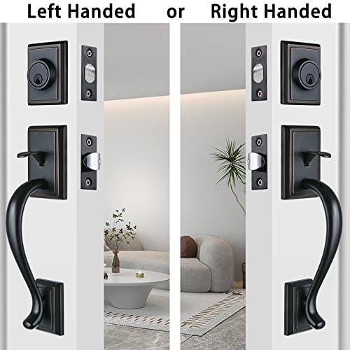 Hisafe Front Door Handle Double Door Handle Set With 2 Keyed-Alike Single Cylinder Deadbolt & Lever, Solid Exterior Door Handle, Oil Rubbed Bronze Finish, Reversible,X-201310B-Set #TOP3