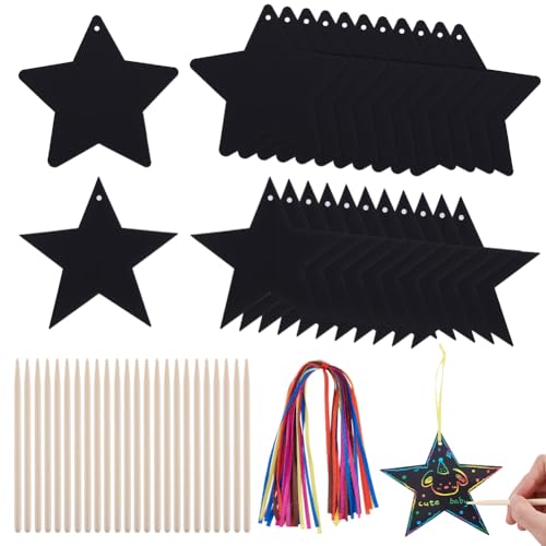 AHANDMAKER 96 Set Stern Regenbogen Kratzkunst Set Schwarzes Rubbelpapier Mit Bambus Werkzeugen Bändern Kunst Und Bastelbedarf Für Heimdekoration Partygeschenke Geschenkherstellung