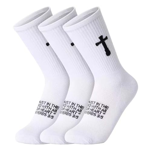 Ao Yee ZGL 3 Pairs Christian socks Prayer socks Birthday Gifts for Dad,Men Husband Grandp Fathers Day Christmas 3：5 White