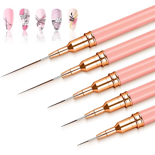 MOXYOY 5Pcs Nail Art Liner Brushes Fine Thin Nail Art Brush Details Painting Nail Art Brush Tools Set for Long Lines Fine Drawing Sizes 5/8/12/20/25 mm(Pink)