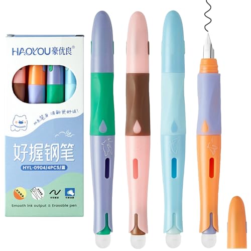 Nurila 4 Stück Radierbarer Füller Radierbarer Füllfederhalter mit Blaue Tinte Füllfeder mit Radiergummi Radierbare Stifte für Schule Büro Schreibpraxis (Orange Rosa Blau Grün)