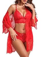 Avidlove Damen Sexy Dessous Set Spitze 3-Teilig Negilgee Unterwäsche Netz-Nachthemd Dünn Kimono Mesh Lingerie Sets Mit BH und Höschen，RotM