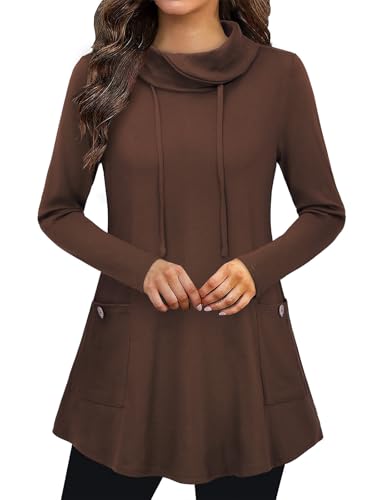 Image of Bulotus Womens Sweaters Winter 2025 Cowl Neck Asymmetrical Long Tunics for Leggings Vacation Travel Tops with Pockets