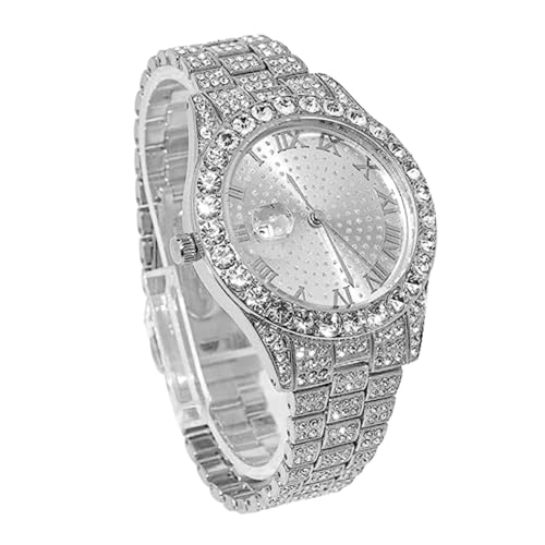 genkigold Diamantuhr für Herren – 43mm Römische Ziffern Rundes Zifferblatt – Platin Plattiert 22,5cm Armband – Japanisches Quarzwerk – Luxusschmuck