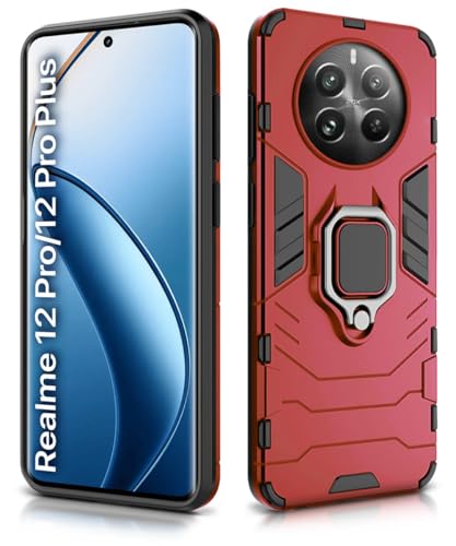 Image of WOW IMAGINE Shock Proof Back Case Mobile Cover for Realme 12 Pro 5G | Realme 12 Pro Plus 5G | P1 Pro 5G | Back Cover Case (Tough Armor | Hybrid PC + TPU | Ring Holder & in-Built Kickstand | Red)