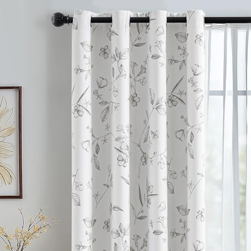 ChrisDowa 100% Blackout Floral Curtains 84 Inches Long 2 Panels for Bedroom Living Room Grey Flower Patterned Room Darkening Thermal Insulated Soundproof Grommet Window Treatments Drapes,52X84