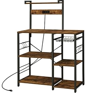 SUPERJARE Bakers Rack with Power Outlet, Microwave Stand, Coffee Bar with Wire Basket, Kitchen Storage Rack with 6 S-Hooks, Kitchen Shelves for Spices, Pots and Pans – Rustic Brown