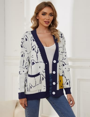 Arssm Cat Sweater for Women Oversized Button Down V Neck Cable Knit Sweater Cute Kawaii Cartoon Cardigan Coat2