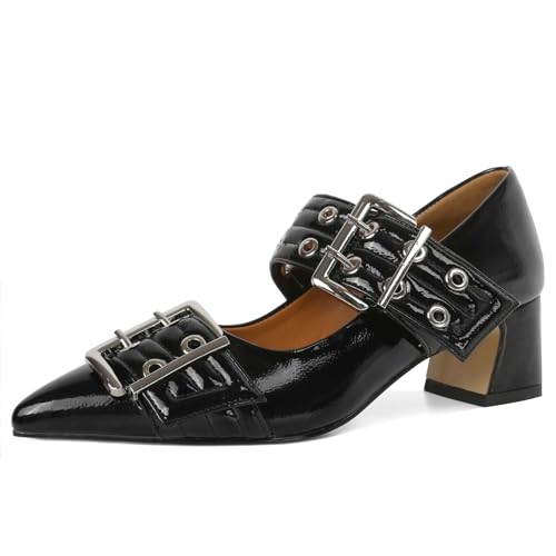 YODEKS Block Heel Mary Janes for Women Low Chunky Heel Pumps Closed Pointed Toe 2 Inch Eyelets Belt Strap Buckle Dress Shoes Patent Black Size 7.5