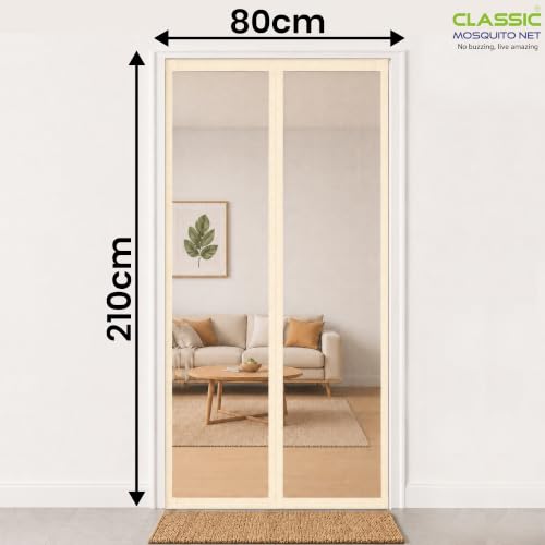 Image of Classic Mosquito Net for Doors with Magnet - Heavy-Duty Fiberglass Mesh | Strong Auto-Close Magnets | Full Frame Hook-&-Loop | DIY Installation for Wooden /UPVC /Marble Doors (210x80 cm, Ivory)