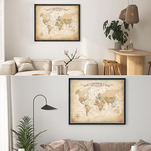 Image of DECORARTS - Large Personalized World Travel Map with Pins, Custom Name, Pin Board Canvas Wall Art, Antique Old World Decor, Optional Wood Frame, Giclee Print, Handcrafted in USA, 35x28''
