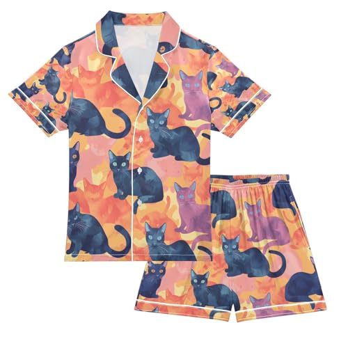 senya Cat Magic Color Satin Summer Pajama Sets Silk Short Sleeve Button Down Sleepwear