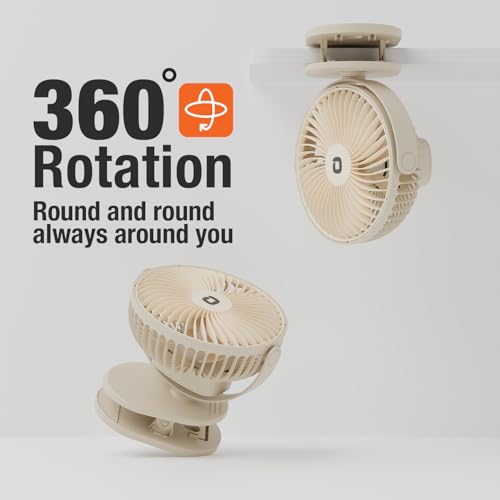 Image of Orient Electric Orbis Rechargeable Personal Fan | 360 Rotation | 1800 mAh Battery | 4 Speed Modes with Timer | Quiet Operation | USB Type-C Charging | Clip-On Mini Fan (Beige)
