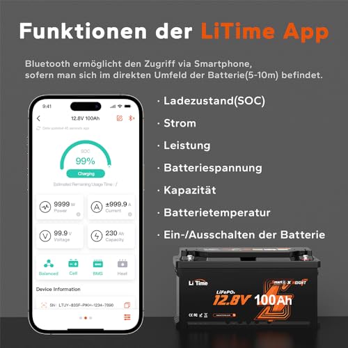 LiTime 12V 100Ah LiFePO4 Batterie Bluetooth H190, Wohnmobil-Untersitz DIN H8 L5 Größe Gruppe 49, 100A BMS...