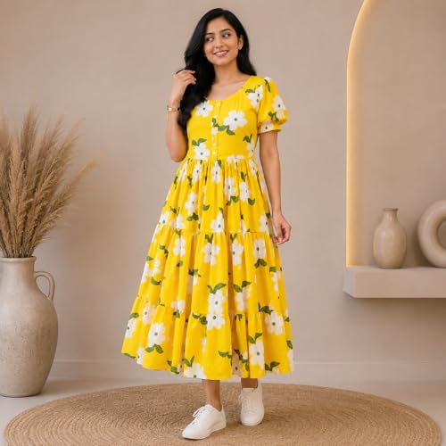 Image of Women's Floral Printed Rayon Tiered Midi Dress | Summer Comfortable Yellow Flare Kurti Lightweight Use Summer Outfit for Girls & Women