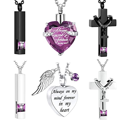 Stainless Steel 6-Piece Set Urn Necklace for Ashes Men Women Pendant Cremation Heart Cross Cubic Urn Keepsake Locket Ashes Memorial Ashes Necklace (6Pcs - Purple)