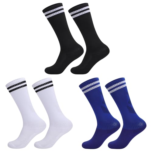 Lancry 3 pares de calcetines de fútbol para niños, transpirables, calcetines de fútbol, calcetines de fútbol para niños y niñas, Negro+Azul+Blanco, 28-32