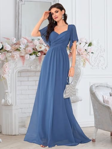 Sweetheart Bridesmaid Dresses for Women Long Chiffon Pleated Waist A Line Formal Evening Gowns with Flutter Sleeve3
