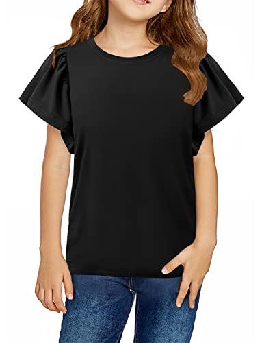 Yoklass Girls Short Ruffle Sleeve Shirts Sunmer Cute Tunic Tops Casual Loose Soft Plain Blouse Black Shirt For Teen Girls Size 8 #TOP1