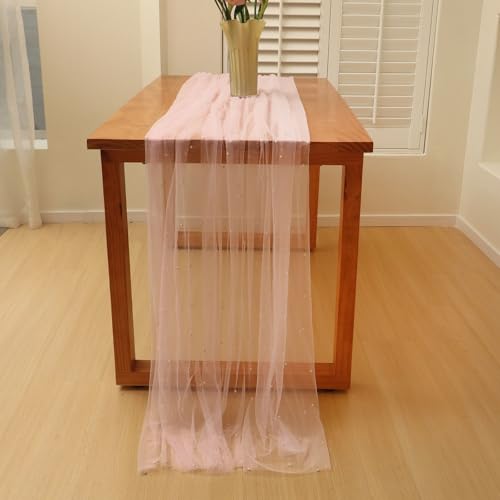 Guansen Pink 29.5X120 Inches Pearl Table Cloth Wedding Table Runner Decor Tulle Fabric Lace Tablecloth Chiffon Table Cover For Birthday Party Bridal Shower Wedding Arch Veil Decorations thumb #5