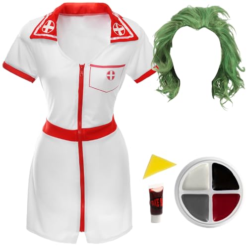 Disfraz de enfermera de broma para hombre, talla XL, vestido de enfermera blanco y rojo, sombrero de lactancia, peluca verde, pintura facial y sangre falsa, disfraz de despedida de soltero para