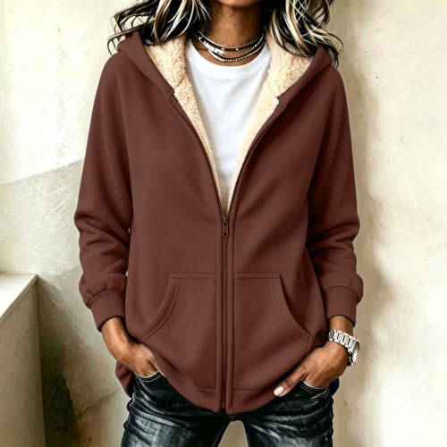 Fleece Jacket Women Sherpa Lined Full Zip Hoodies Casual Warm Coats Brown - image 2