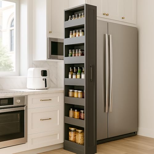 SonkYog Slim Kitchen Storage Cabinet with 7 Shelves – Pull-Out Pantry Organizer for Small Spaces, Single-Sided Open Design, Modern Black Finish