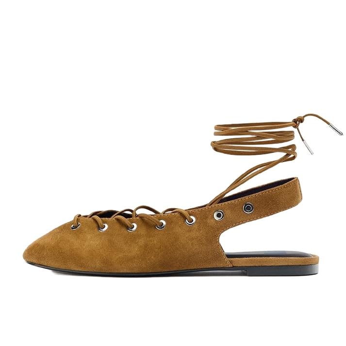 SEIFIN Slingback Flats for Women Round Toe Mary Jane Ballet Flats with Ankle Strap Lace Up Comfortable Dressy Ballerina Shoes