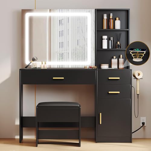 DWVO 45" W Vanity Desk w/Wireless Charging Station & Power Outlet, Mirror w/Lights Table Set with 4 Drawers, 3 Lighting Modes Brightness Adjustable for Bedroom Studio, Upgraded Dark Black