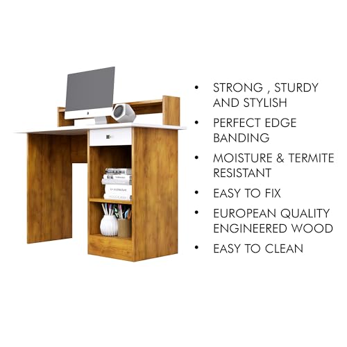 Image of Bniture Wooden Study Table for Home | Engineered Wood Study Table with Book Shelf | Multi Purpose Computer Desk for Study & Writing | Laptop Table with Drawers & Shelf | Giant Wood & Frosty White