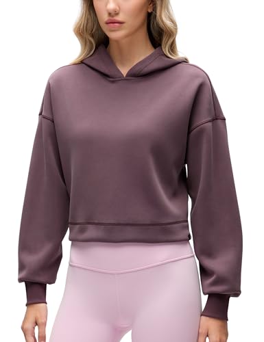 CRZ YOGA SoftAura Cropped Hoodies for Women - Long Sleeve Pullover Basic Workout Casual Hooded Sweatshirts Light Ripe Plum Medium