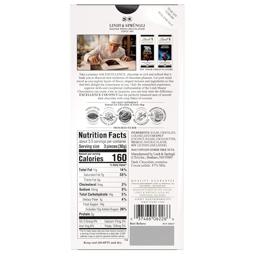 Image of Lindt EXCELLENCE Coconut Dark Chocolate Bar, Dark Chocolate Candy with Coconut Flakes, 3.5 oz. (12 Pack)