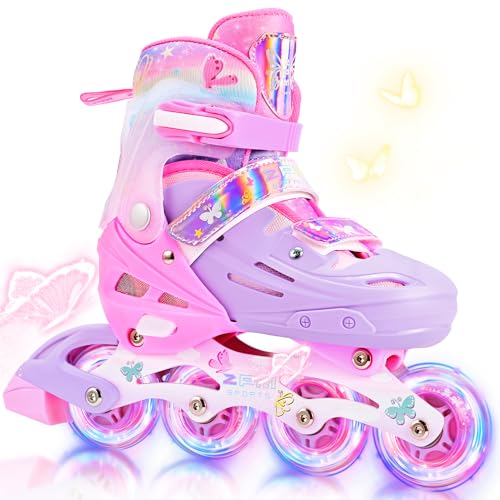 2PM SPORTS Kids Inline Skates Girls Ages 5-8 8-12 4-6 6-12 10-14 with Light Up Wheels, Adjustable Kids Blades Roller Skates for Girls Beginner Youth Outdoor Size 11C 1 2 3 4 5 6 7 8 Pink Butterfly