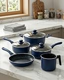 Conjunto de Panelas 5 Peças Cerâmica Antiaderente Indução com Tampa de Vidro e Cabo Soft Touch, Jogo Panelas Completo Azul para Cozinha Moderna, Caçarola Frigideira e Leiteira