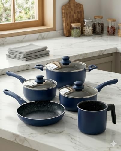 Conjunto de Panelas 5 Peças Cerâmica Antiaderente Indução com Tampa de Vidro e Cabo Soft Touch, Jogo Panelas Completo Azul para Cozinha Moderna, Caçarola Frigideira e Leiteira