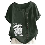 TTJJ Top Spitze Blau Damen Bedrucktes Damenhemd mit Rundhalsausschnitt, Raglanärmeln, Saum, Schlitz, locker, kurzärmelig, Knopfdekoration Oberteil Damen