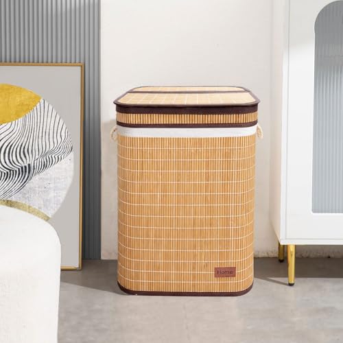 Image of Amazon Brand - Umi Rectangle Bamboo Laundry Basket for Clothes with Chain Lid | Eco-Friendly, Foldable & Lightweight Organizer (Natural, 40x30x60 cm, Pack of 1)