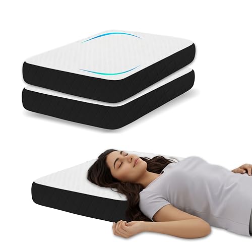 Image of Ergonomic Orthopedic Pillow Set of 2, Shredded Memory Foam for Neck Relief, 60x38x10 cm High Density, White /Black Geometric Jacquard Case, Aligned Spine Bedding