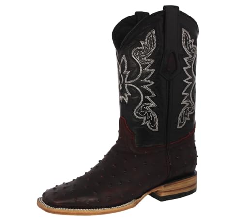 Texas Legacy Mens Black Cherry Cowboy Boots Ostrich Quill Print Leather Square Toe Botas