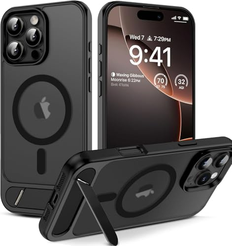 Image of Elzzi Magnetic Cover Compatible for iPhone 16 Pro Max Case with Adjustable Metal Kickstand, Compatible with Mag-Safe Translucent Matte Shockproof Protective Phone Case, Black
