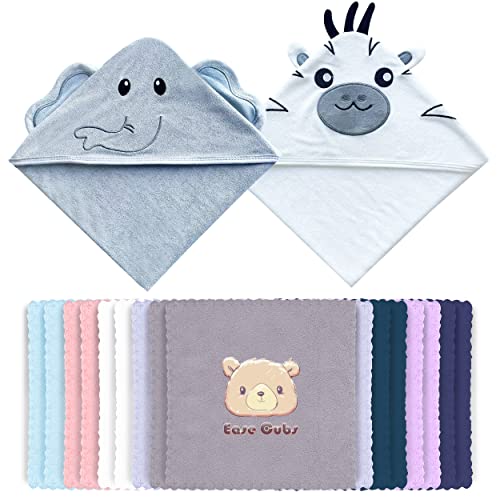 Image of Ease Cubs 18-Piece Bamboo Baby Bath Towel and Microfiber Washcloth Sets, Baby Registry Search Essentials for Boys, Girls - Newborn Gifts for Infant, Toddler - Baby Bathtub Stuff - Elephant, Zebra