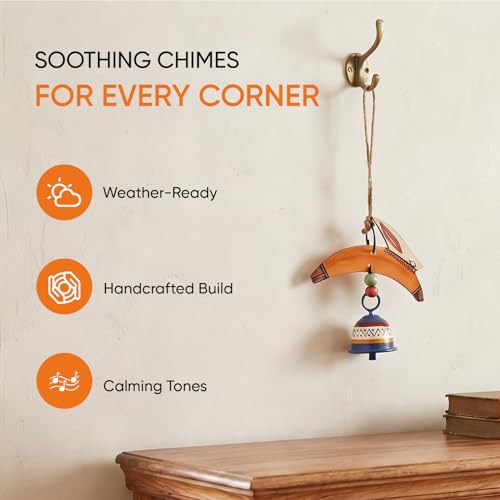 Image of Aakriti Art Creations Rabbit Wind Chime with Metal Bell | Modern Art Handmade Wooden & Metal Wind Chime in Orange | Matte Decorative Wind Chimes for Balcony, Garden & Home, Living Room & Gifting