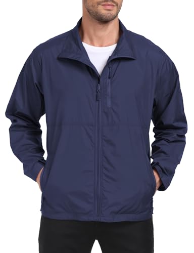 Mens Windbreaker Jackets Lightweight Packable Windproof for Casual Hiking Outdoor Navy