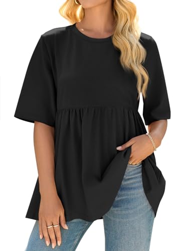 Cicy Bell Womens Summer Babydoll Tops Oversized Short Sleeve Crewneck T Shirts Peplum Casual Loose Blouse