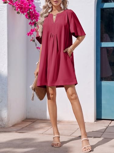 Image of Wenrine Womens Flutter Short Sleeve Mini Dress Casual V Neck Loose Flowy Summer Dresses