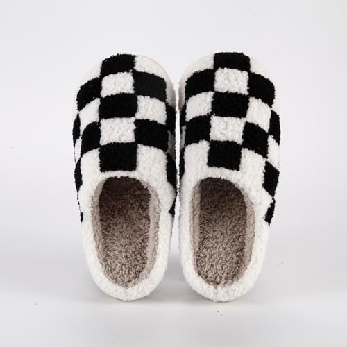 Women's and Men's Fuzzy Checkered Memory Foam Slippers - Fluffy Couple Cozy House Indoor Outdoor Shoes2