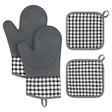 Tifanso Plaid Oven Mitts and Pot Holders 4-Piece Set, Oven Mitts Gloves Heat Resistant with Non-Slip Silicone Surface for Cooking Baking Grilling, Cotton Pot Holders Pads for Kitchen Cooking (Grey)