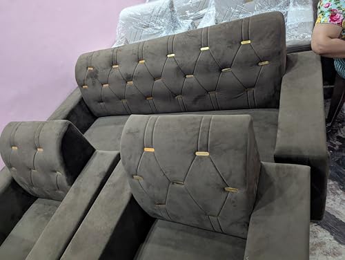 Image of Modern Tufted Velvet Sectional Sofa, Grey, L-Shaped Design with Gold Accent Buttons
